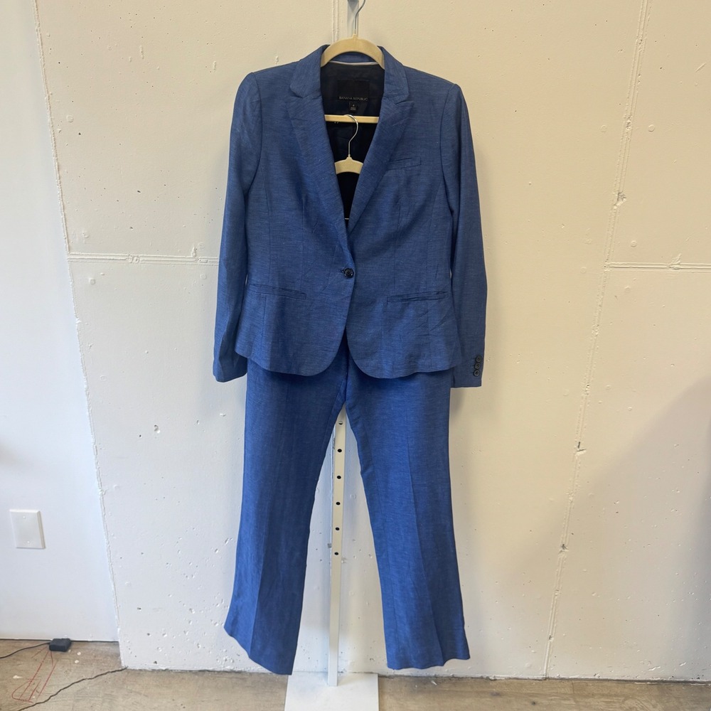 Banana Republic Logan Linen Chambray Blue Pant Suit Blazer Set 4 Reg S/589306-00